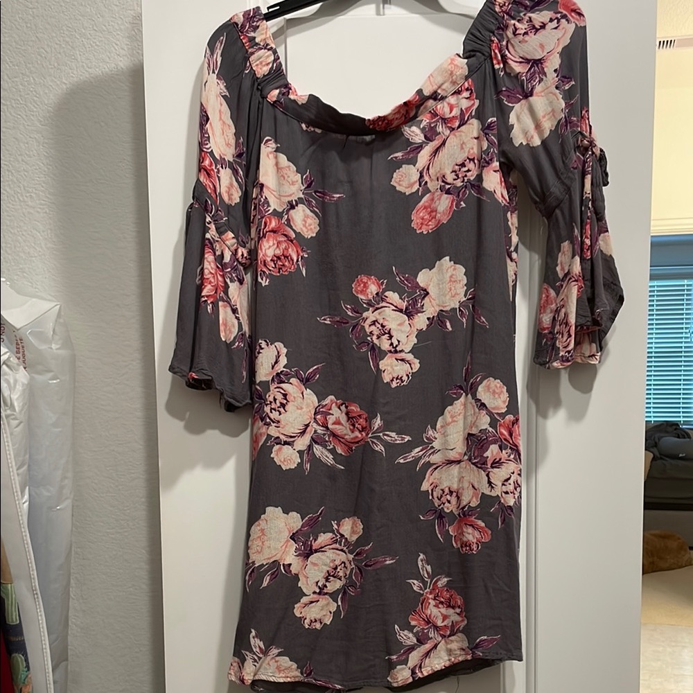 Daytrip Gray and Pink Ruffled Sundress with Bell Sleeves